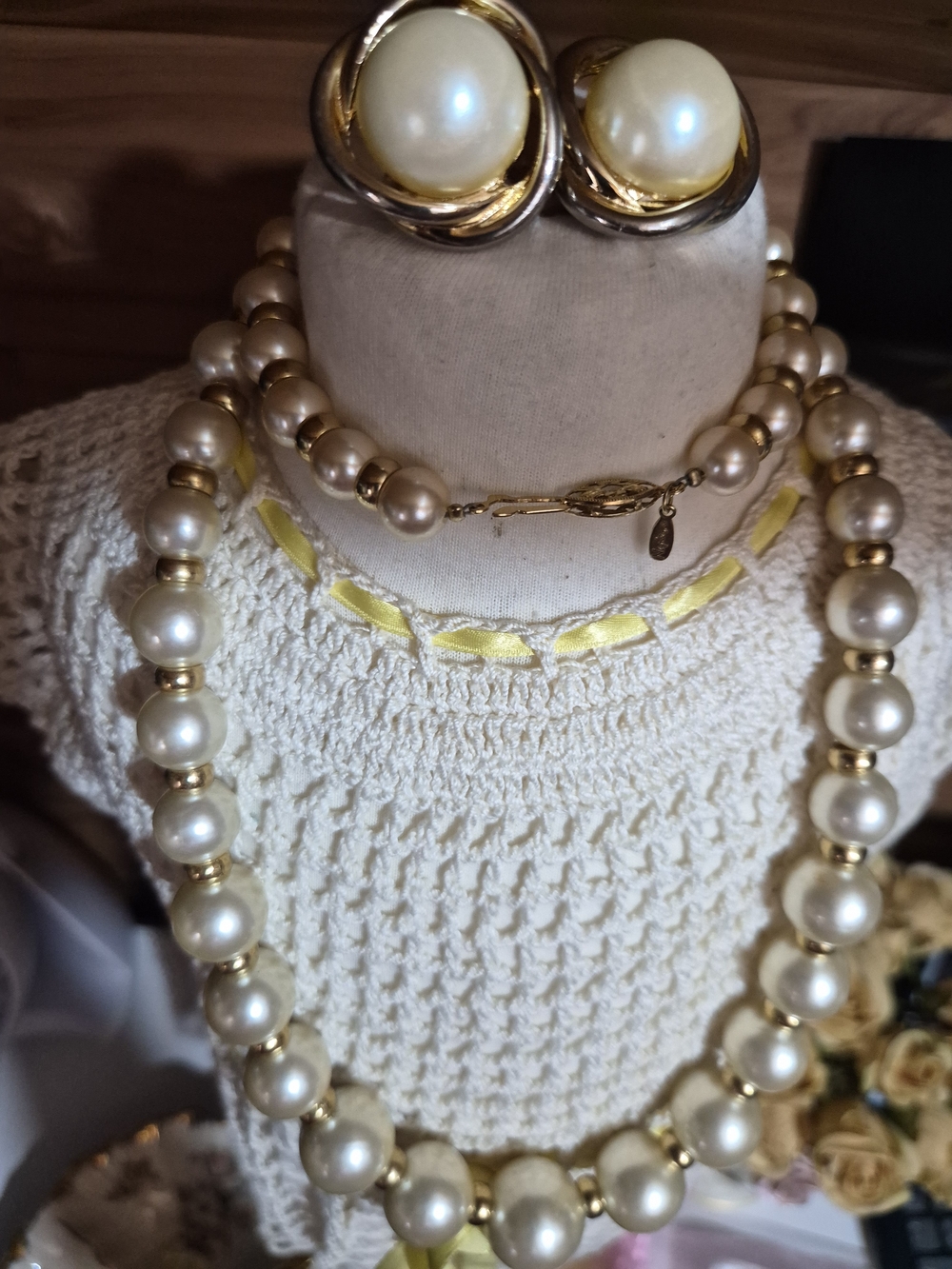 Napier Cream Pearl and Gold-Tone Necklace Set with Clip-Ons